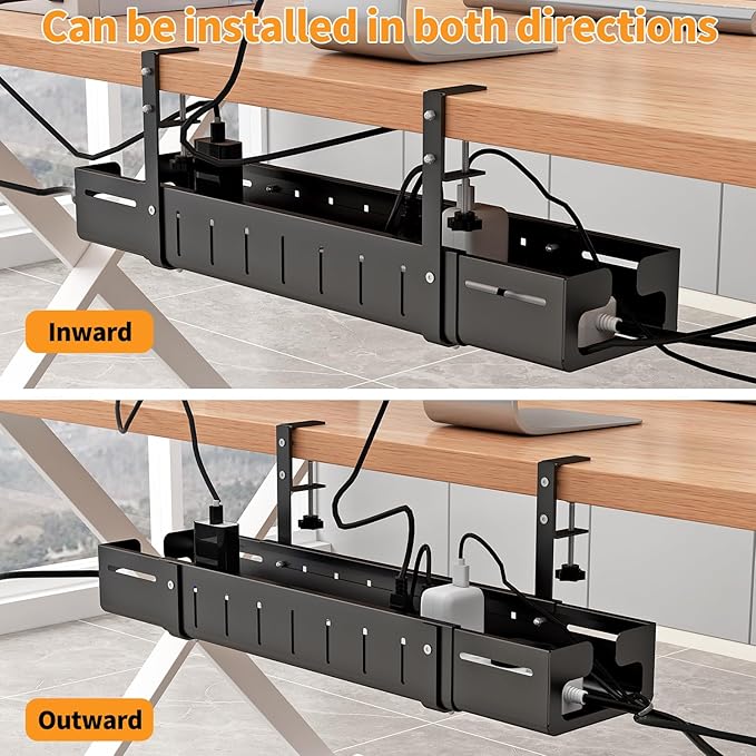 Under Desk Cable Management Tray, Expandable Length 25.2"-38.6",No Drill No Damage to Desk,Cable Tray with Clamp for with Wire Management,for Cord Organizer for Home Office Standing Desk, Black - Image 4