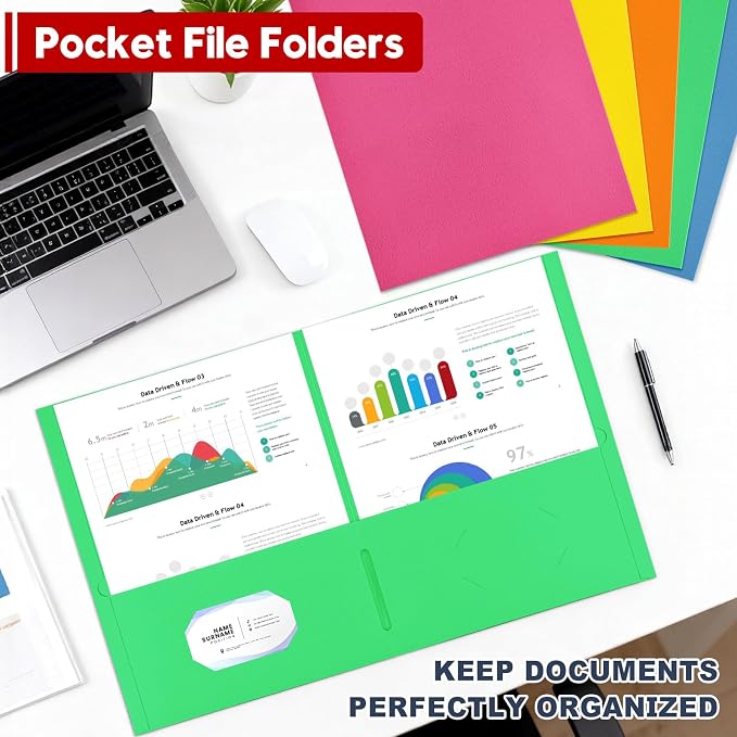 100 Pack Multicolor Paper Pocket Folders, 2 Pocket File Folders Letter Size, Heavy Duty Bulk Folders with Business Card Slot for Office, Classroom and School, Business, Home Use, Assorted 5 Colored - Image 6