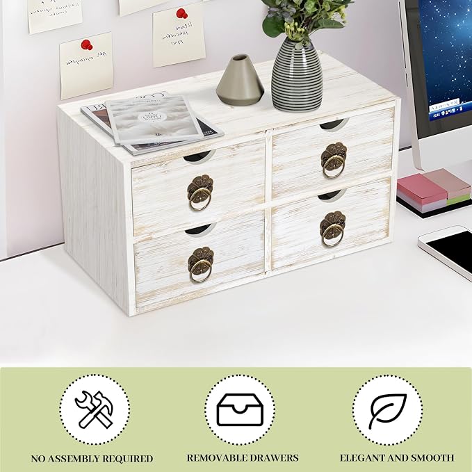 Wood Desk Organizer, White Wooden Desktop Organizer with Drawer, Tabletop Storage Organization Box for Countertop, Home Office Supplies Bills, 13.5x6.6x7.09 Inch(4 Drawer) - Image 7