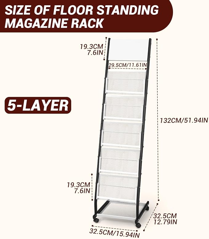 Floor Standing Magazine Holder with 5 Pockets, Journals, Brochure & Literature Display Holder for Trade Shows, Exhibitions, Office, and Shopping Malls, Black - Image 2