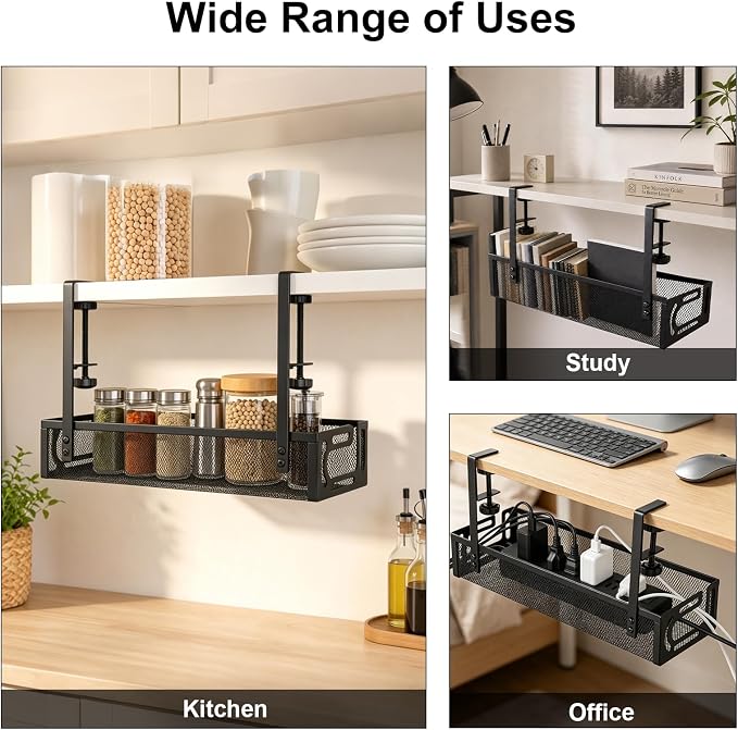 AiQInu Cable Management Desk Under The, Clampable Cable Organiser Tray, Under-Sink Mounting Organiser Made of Carbon Steel, No Drilling, Cable Management for Office, Home - Image 8