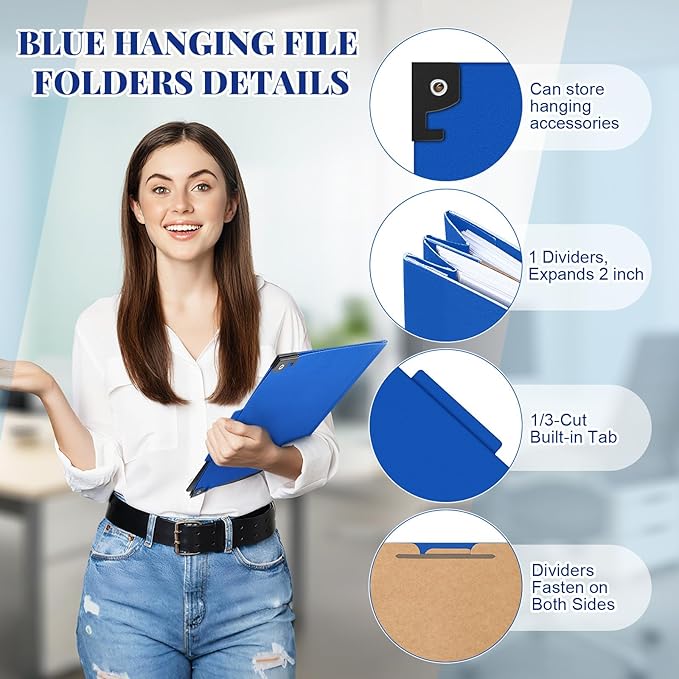 Henoyso 10 Pcs Hanging Classification Folders Bulk with 2 Prongs, 1 Divider Letter Size, 2 Inch Expansions Pressboard File Folder, 1/3-cut Tab File Organizer for Medical Law Client Files (Dark Blue) - Image 3