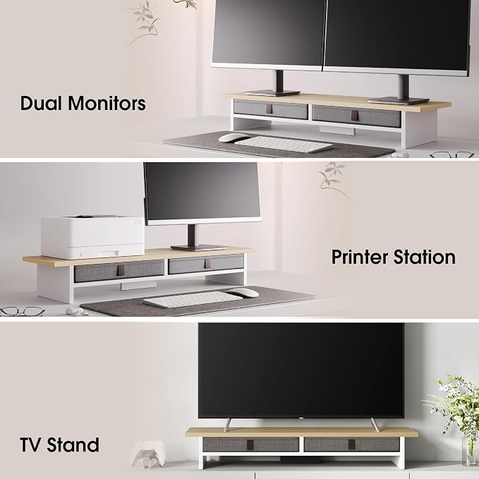 Fenge 35 Inch Monitor Stand with Drawer Storage, Computer Riser for Desk | Wooden Computer Shelf, 2 Tiers, for Dual Monitor/Laptop/PC/TV/Printer up to 55Lbs, Home Office Desk Organizer - Image 6