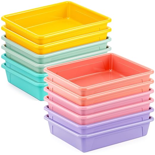Affrolling 12 Pack Letter Size Flat Storage Tray, Stackable Plastic Organizer Bins for Classroom, Turn in Paper Tray Art Supply Baskets for Home School Office Teacher Desk Organization (Pastel Colors) by Affrolling