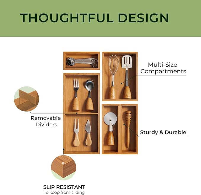 keechee 5-Piece Bamboo Drawer Organizer Set, 2.2" Deep Multi-Use Organizers for Utensils, Silverware, Cutlery, Desk, Bathroom, Junk Drawer & Makeup, Non-Slip Feet Included. - Image 3
