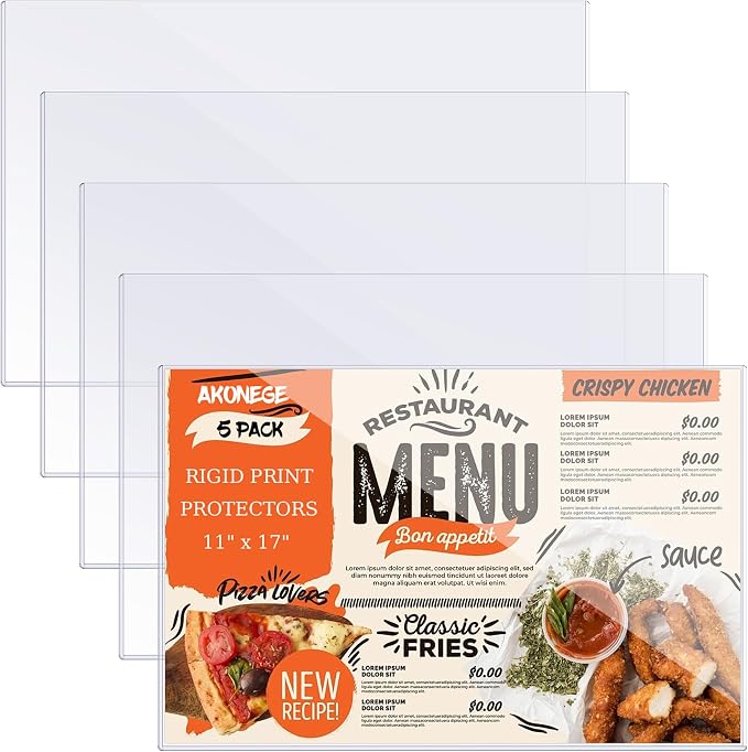 AKONEGE 5Pcs 11" x 17" Rigid Print Protectors Hard Plastic Sleeves for Prints, Menu Cover, Heavy Duty Sheet Poster Protectors Clear Plastic Sleeves for Paper Photos Documents Magazines, Horizontal by AKONEGE