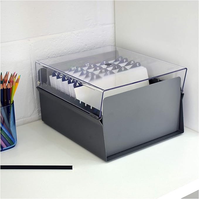 Acrimet 5 X 8 Card File Holder Organizer Box Metal Base Heavy Duty (AZ Index Cards and Divider Included) (Gray Color with Clear Crystal Plastic Lid Cover) | With A-Z Index & Non-Slip - Image 2