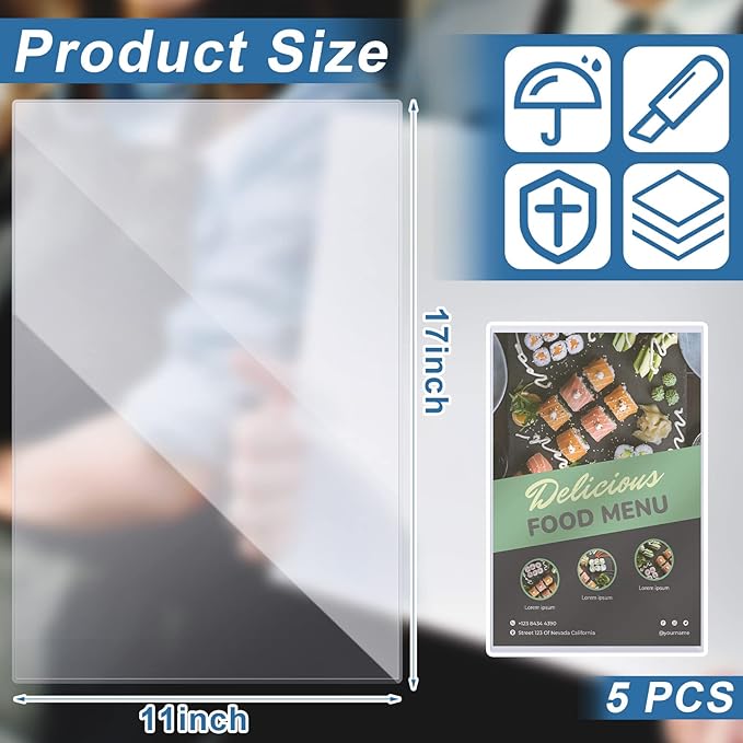 5 Pcs 11" x 17" Rigid Print Protectors, Heavy Duty Hard Plastic Sheet Page Protectors Crystal Menu Holder Clear Poster Sleeve Top Loading Frame for Magazine Photo Paper Poster Prints - Image 3