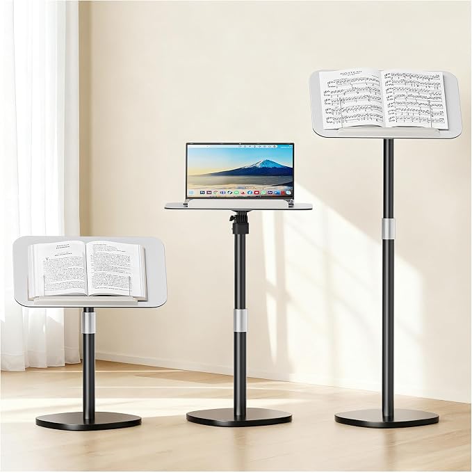 Floor Book Stand for Reading, Height Adjustable 26”-56”Music Stand | Reading Stand with Tilt Panel & Page Clips, Stable Weighted Base, Holds Books, Music Sheets & 15” Laptops by AKIMRABY