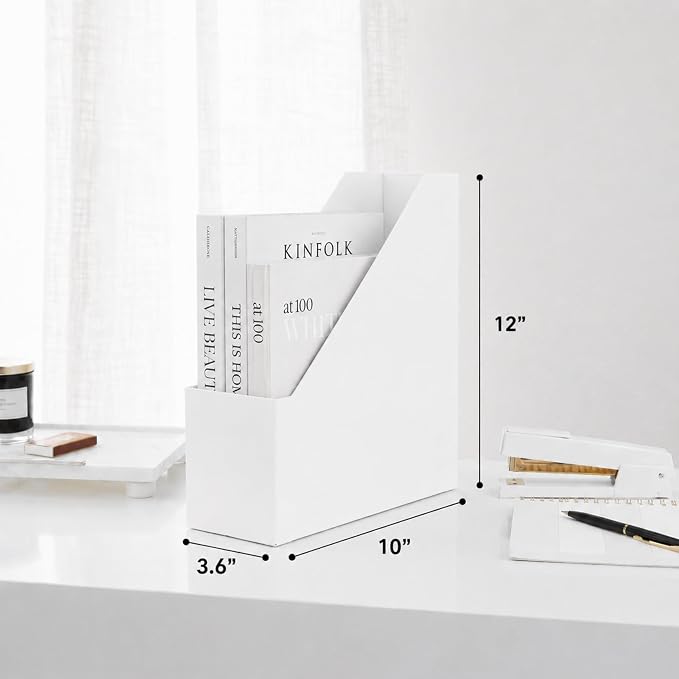 BLU MONACO Set of 6 Foldable White Magazine File Holders | Vertical Desk File Organizer Boxes With Leather Label Holders | Stylish Cardboard Magazine Storage for Shelves, Workspace and Home Office - Image 8
