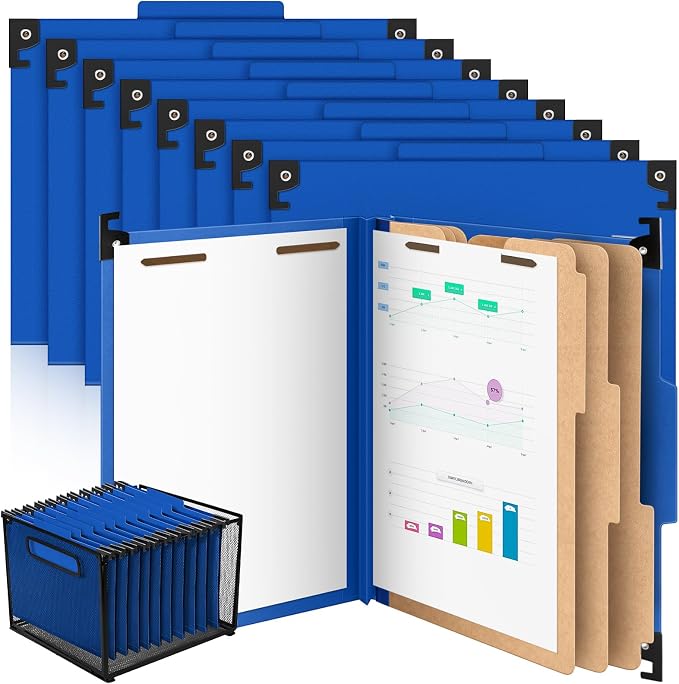 Henoyso 15 Pcs Hanging Classification File Folders, Letter Size Dark Blue Folders with 3 Pressboard Dividers, 8 Fasteners, 4 Inch Expansion, 1/3-cut Top Tab for Medical Records and File Cabinet by Henoyso