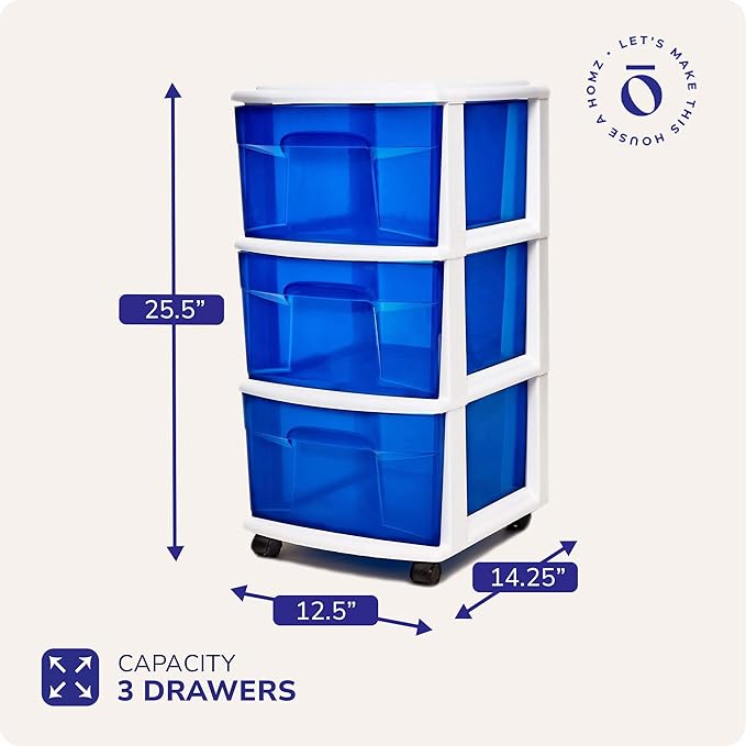 HOMZ Drawer Tower, 3-Tier Storage Cart with Removable Wheels, White Frame | Wide Plastic Organizer with Clear Bin Drawers for Bedroom, Bathroom, Home Office, and Dorm Rooms - Image 2