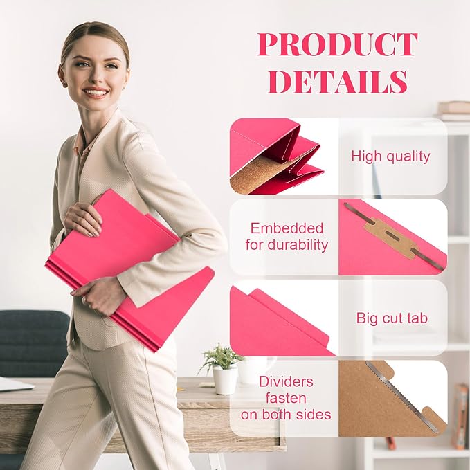 AmazingSpark 24 Pcs Classification Folders Letter Size Bulk 1 Divider Pressboard File Folder with Expansion 2 Prongs Fastener Heavy Duty Office File Organizer for School Project Document(Hot Pink) - Image 3
