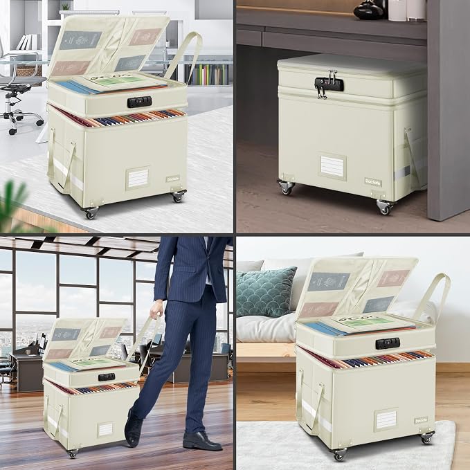 DocSafe Fireproof Document Box with Lock,2-Layer File Box with Wheels,Collapsible File Storage Organizer with Pockets,Large Portable Office Filing Cabinet for Hanging Folders,Beige,16''x13.8''x12.2'' - Image 3