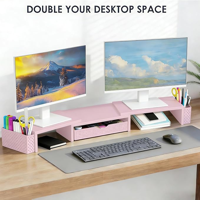 Spacrea Metal Desk Organizers and Accessories, Dual Monitor Stand Riser with Drawer and 2 Pen Holders, Desk Accessories & Workspace Desktop Organizers for Office Supplies (Pink) - Image 6