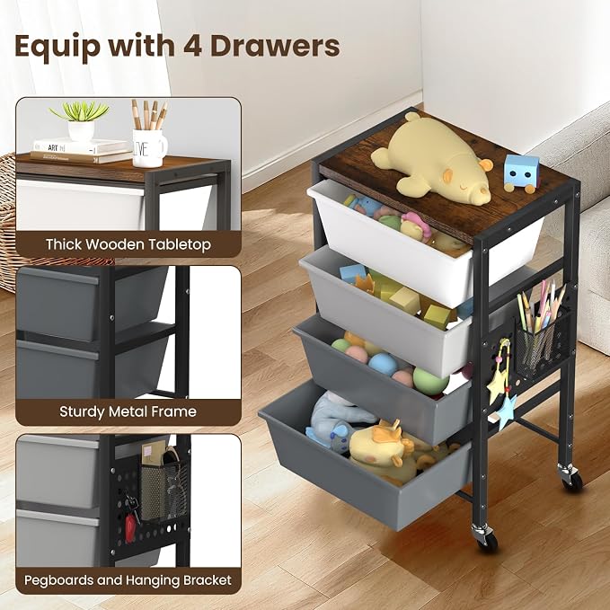 Rolling Cart with 4 Drawers, Plastic Drawer Storage Carts with Wheels & Wooden Tabletop, Metal Utility Cart with Pegboards, Office Living Room Classroom Craft Organization and Storage, Dark Grey - Image 5