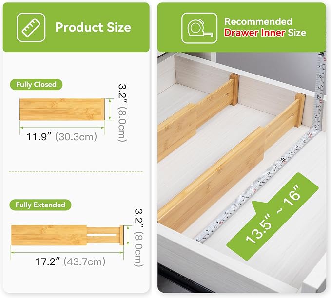 Utoplike Bamboo Dresser Drawer Dividers, Expandable Organizer for Clothing | Adjustable 3.2" High Drawers Separators for Kitchen, Bathroom, Bedroom, Office Storage, 4Pcs, Fit 13.5"-16" Inner Drawer - Image 3