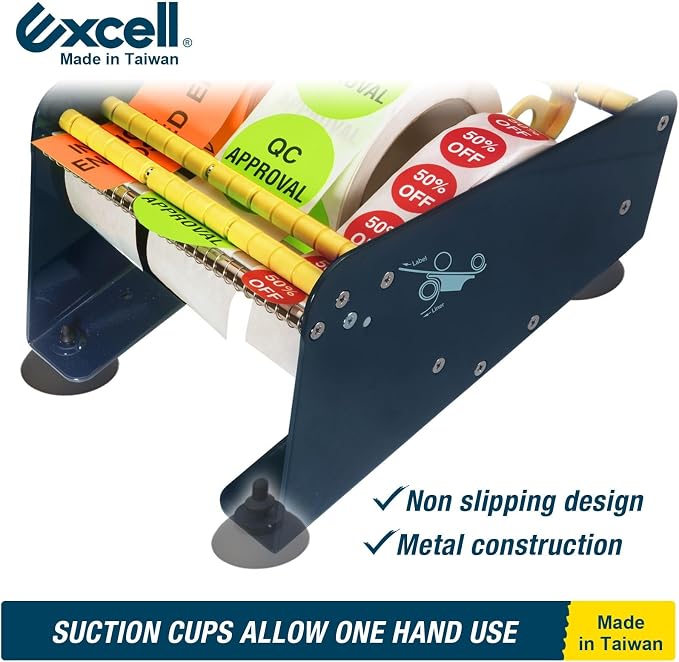Excell LD-618 Multi-Roll Metal Table Label Dispenser (Fits up to 6.5") | Sturdy metal dispenser with 4 non-slip suction cups. Removable dividers for multi-roll labels up to 6.5". Easy peeling. - Image 5