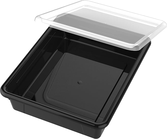 Storex Letter Size Flat Storage Tray – Organizer Bin with Non-Snap Lid for Classroom, Office and Home, Black, 5-Pack (62535U05C) - Image 3