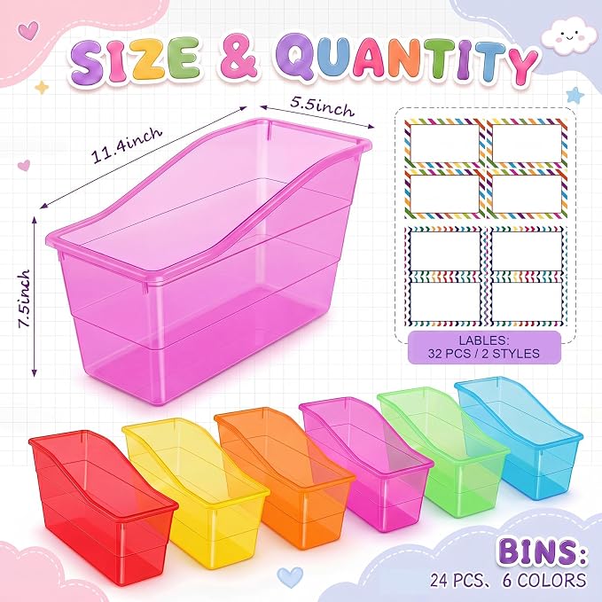 Blosssound 24 Set Book Bins for Classroom with Label Sticker Book Box Baskets Plastic Stackable Organizing Bins Storage & Organization for Classroom Library Home School Supplies (Translucent Colorful) - Image 2