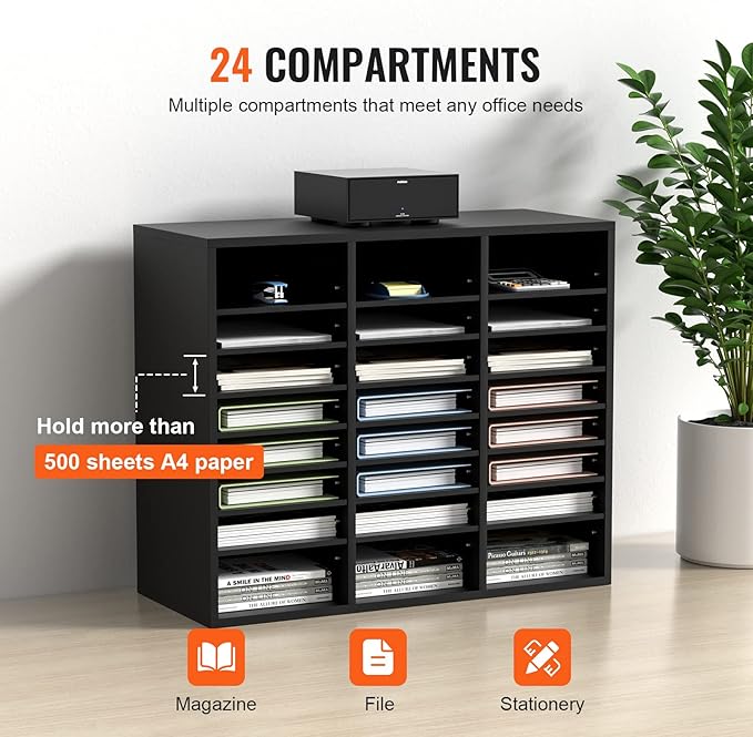 VEVOR Literature Organizers, 24 Compartments Office Mailbox with Adjustable Shelves, Wood Literature Sorter 29x12x24.4 inches for Office, Home, Classroom, Mailrooms Organization, EPA Certified Black - Image 4