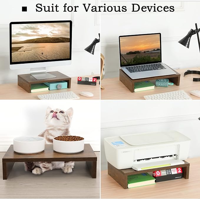 TEAMIX 2 Pack and 2 Drawers Rustic Brown Wood Monitor Stand Riser for 2 Monitors/Laptop/PC, Wood Screen/TV Stand Desk Organizer. - Image 9