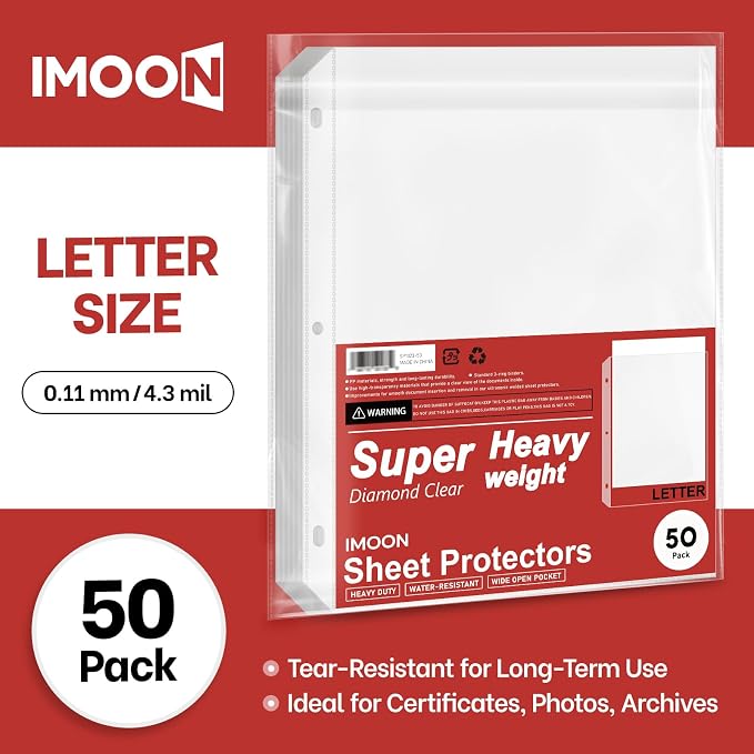 Super Heavyweight 3-Hole Letter Size Sheet Protectors - High Transparency Plastic Heavy Duty Sleeves for 3 Ring Binders, Archival Safe, Durable Page Protectors for Documents, 8.5x11 Inch (50 Pack) - Image 2