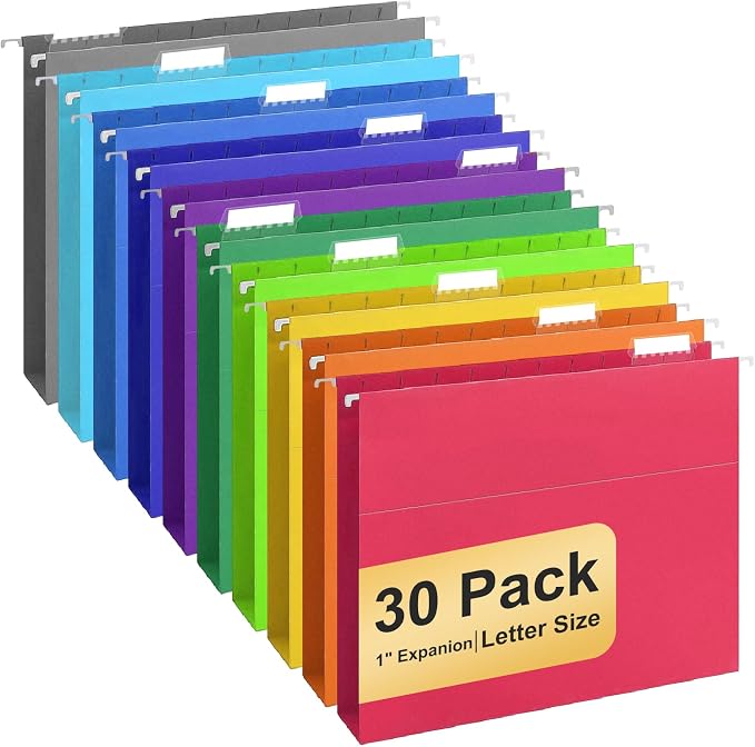 Hanging File Folders, 30 Pack Letter Size Hanging File folders with Tabs, Stay Organized for Your Home and Office Bulk File, Documents and Paper, 10 Colors by YOPCDJ