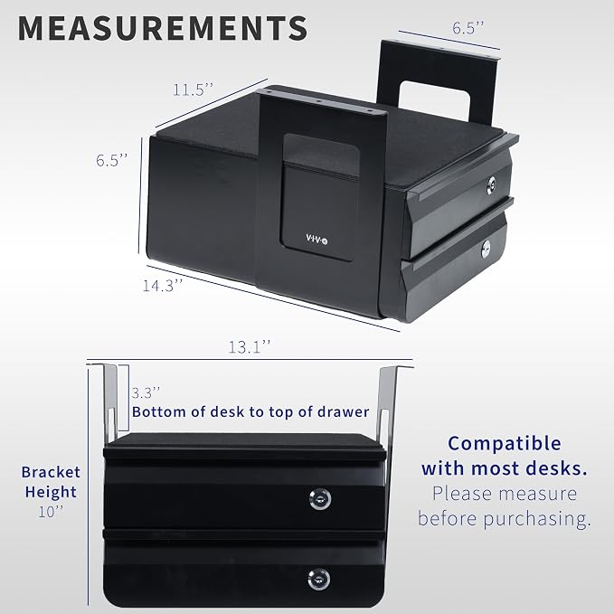 VIVO Black 12 x 14 inch Under Desk Double Stacked Drawers, DESK-AC03L-2B | Sturdy Steel Design, Secure Dual Locking Drawers, Home Office Storage Organizer, Holds 11 lbs - Image 3