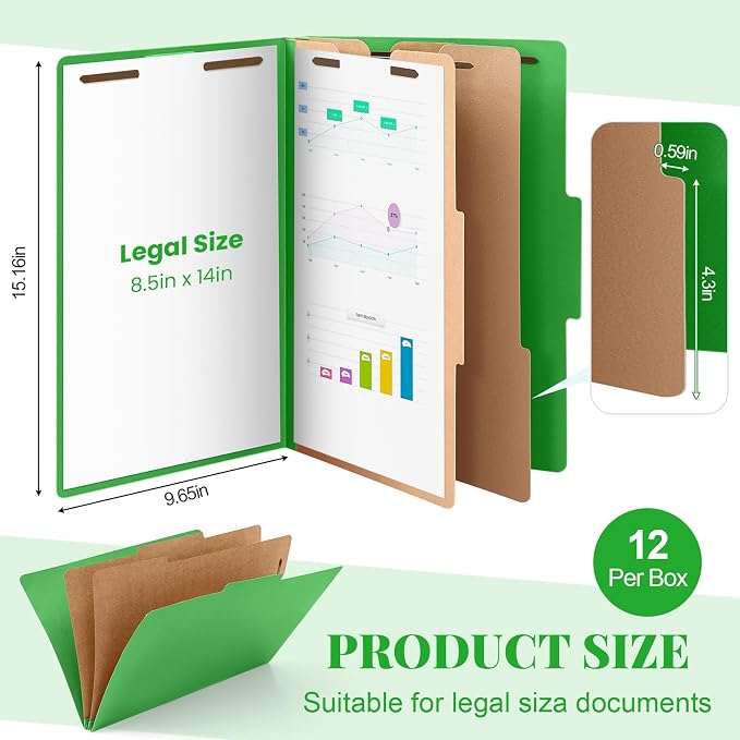 AmazingSpark 12 Pcs Legal Size Classification Folders 2 Divider, Bulk Pressboard File Folder with Expansion 2 Prongs Fastener Heavy Duty Office File Organizer for School Hospitals Home(Green) - Image 2