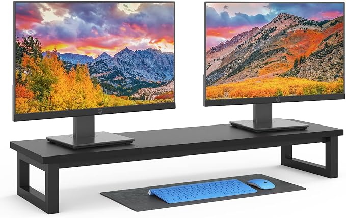 YAOHUOO Dual Monitor Stand Riser, 39Inch Large Monitor Stands for 2 Monitors, Computer Monitor Stand, Wooden Desktop Oraganizer Shelf for Office Desk Computer,Laptop,TV by YAOHUOO