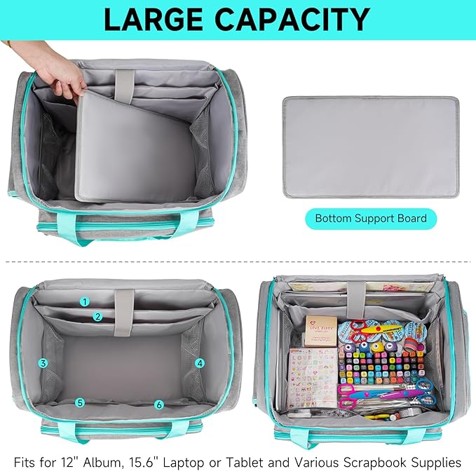 Rolling Craft Bag, Craft Bag with Wheels for Scrapbook Supplies, Large Scrapbook Tote with 15.6'' Laptop Sleeve, Rolling Art Supply Storage for Scrapbooking Tools, Gray - Image 2