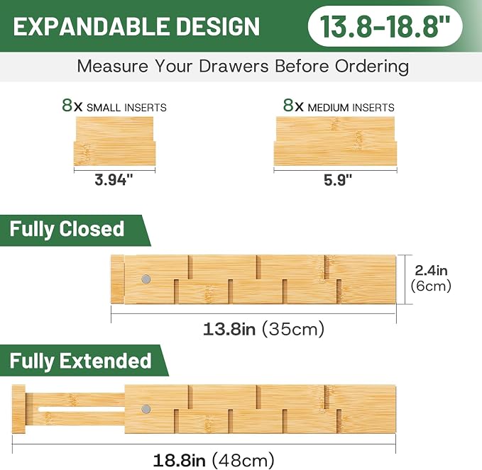 kiplant Bamboo Drawer Dividers - Adjustable Drawer Dividers for Kitchen, Clothes, Closet & Office - 8 Pack with Inserts, 13.8-18.8 Inches, Non-Slip Silicone Ends - Image 2
