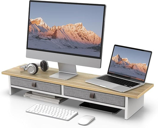 Fenge 35 Inch Monitor Stand with Drawer Storage, Computer Riser for Desk | Wooden Computer Shelf, 2 Tiers, for Dual Monitor/Laptop/PC/TV/Printer up to 55Lbs, Home Office Desk Organizer by Fenge