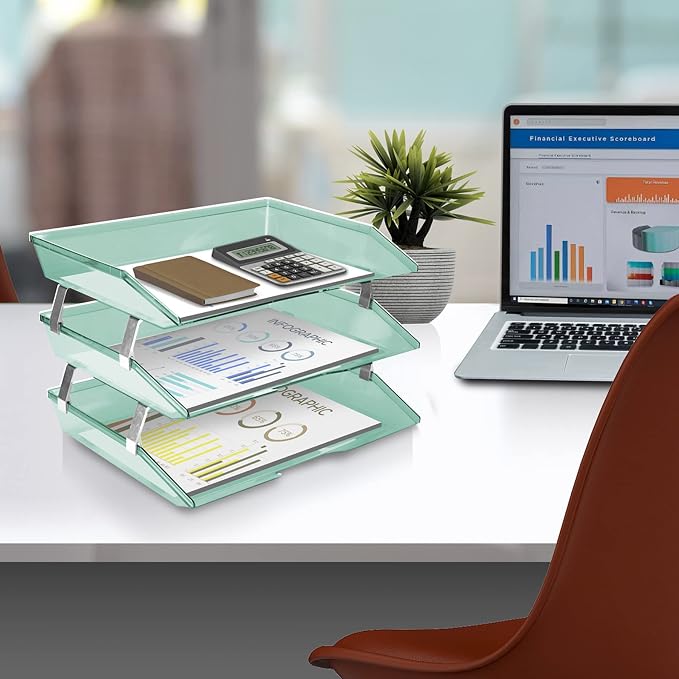 Acrimet Facility 3 Tier Letter Tray, Side Load, Letter Size/A4, Desktop File Organizer, Plastic (Clear Green Color) | Document Tray with Aluminum Rods - Image 3