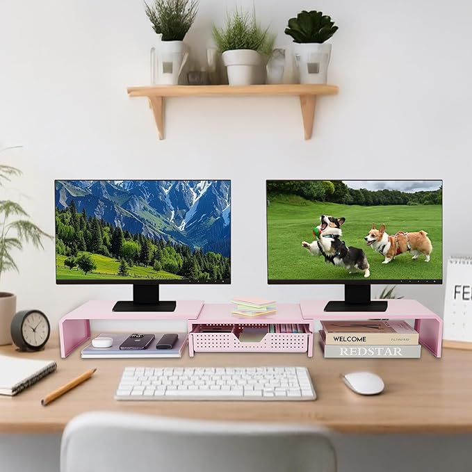 LEKETREE Dual Monitor Stand Riser with Drawer, Desk Organizer and Accessories, Pink Monitor Stand for Desk, Desktop Stand for Computer, Laptop, TV and More (Pink) - Image 3