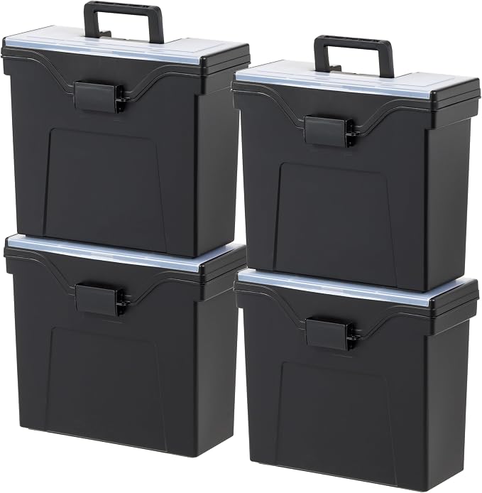 IRIS USA Slim Portable Letter/Legal File Tote Box, 4-Pack, Black | Carry letter and legal files, folders and paperwork with a slim portable design for organized storage on the go by IRISUSA