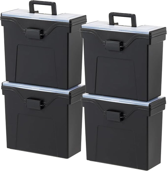IRIS USA Slim Portable Letter/Legal File Tote Box, 4-Pack, Black | Carry letter and legal files, folders and paperwork with a slim portable design for organized storage on the go by IRISUSA