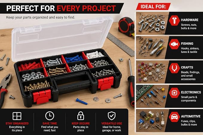 Compact Parts Organizer Box – Small Hardware Storage Case with 9 Compartments & 5 Dividers – Durable Nylon Screw, Bolt, Craft Organizer for Toolbox, Drawer, or Garage Use - Image 4