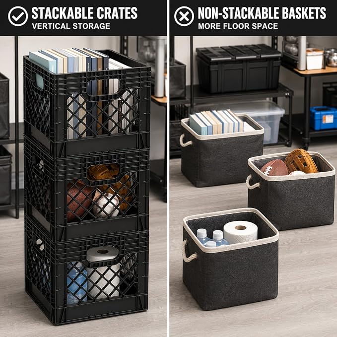 16-Quart Plastic Storage Crate with Handles, File Crate,Black(2 Pack) | Groups groceries, books, clothing, sports gear, and household supplies in a stackable 16-quart plastic crate. - Image 4