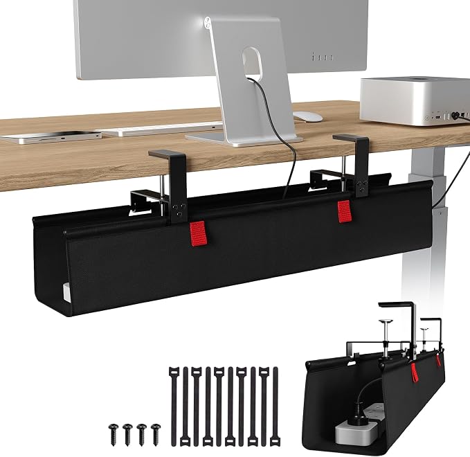 KEEGH No Drill Fabric Under Desk Cable Management Tray 28 in,Black | Clamp/Screw Mount, Supports Up to 70lbs, Fabric Wire Management Gaming/PC Cable Raceways, Cord Hiders for Office/Home by KEEGH