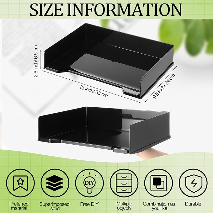 DoubleFill 2 Pcs Stackable Letter Tray Rectangular Plastic Desk Organizer 13 x 9.5 x 2.6 in Paper Holder File Tray Accessories Rack for Desktop Office Desk Drawers (Black) - Image 2