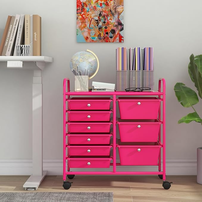 Giantex 9 Drawers Rolling Cart, Classroom Organizers, Storage Cart with Wheels, for Teacher Office Home School Supplies Tool Craft Art Paper, Hot Pink - Image 2