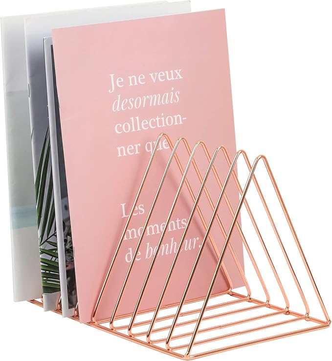 Rose Gold Magazine Holder, Desktop File Sorter Organizer Triangle 9 Slot Newspaper Record Storage Shelf Rack for Home Office Decoration by EASEPRES