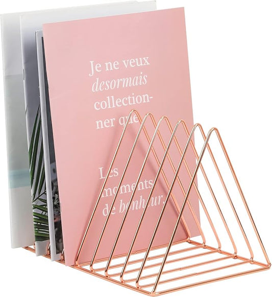 Rose Gold Magazine Holder, Desktop File Sorter Organizer Triangle 9 Slot Newspaper Record Storage Shelf Rack for Home Office Decoration by EASEPRES