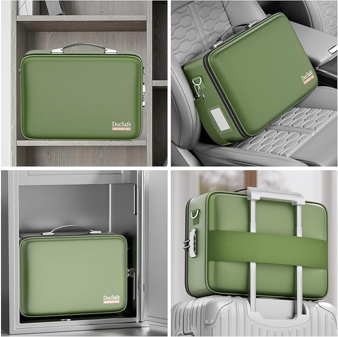 DocSafe Fireproof Document Box with Lock＆Shoulder Strap,Hard Case File Organizer with Accordion File Folder,Multi-Layer Portable Home Office Travel Safe Storage for Important Documents Laptop Green - Image 7