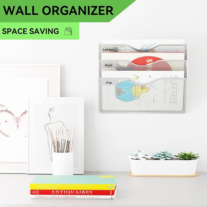 3 Pockets Hanging Wall File Organizer Mail Holder, Wall Mounted Paper Document Folder Holder, Clipboard Storage Organization Magazine Rack, Silver - Image 2