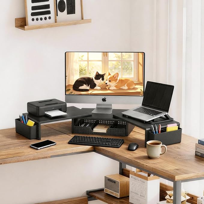 LEKETREE Dual Monitor Stand Riser with Drawer, Desk Organizer and Accessories, Monitor Stand for Desk, Desktop Stand for Computer, Laptop, TV and More (Black) - Image 2