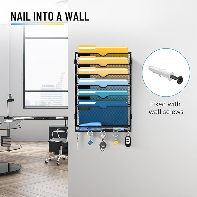 7-Tier Hanging Wall File Organizer with Hooks for Office Organization | Mesh Wall File Holder, Mail Organizer Wall Mounted for Papers, Documents, Folders and Magazines in Home Office, Classroom - Image 6