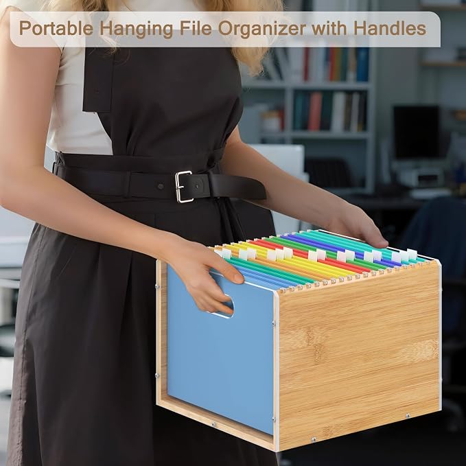Sbanmao Hanging File Organizer, Clear Acrylic File Box Organizer, Bamboo Filing Box File Crate Organizer Storage Boxes, Portable Filing Folder with Handle for Letter Size - Image 8